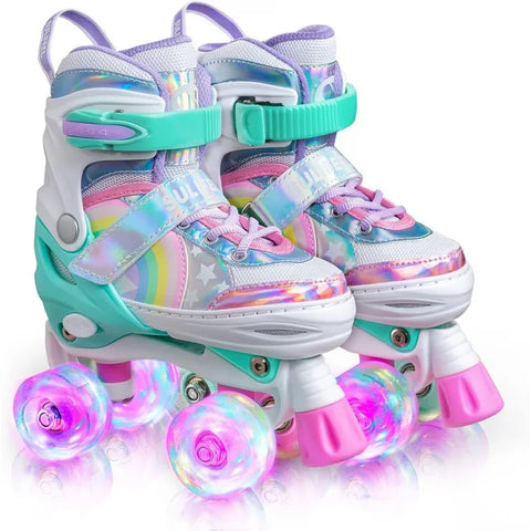 Rainbow Unicorn 4 Size Adjustable Light up Roller Skates for Girls Boys for Kids